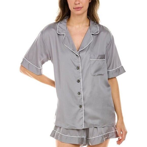 Ettitude Sateen Short Sleeve PJ Shirt Clean Bamboo Button Front Gray Medium NEW - Picture 1 of 9